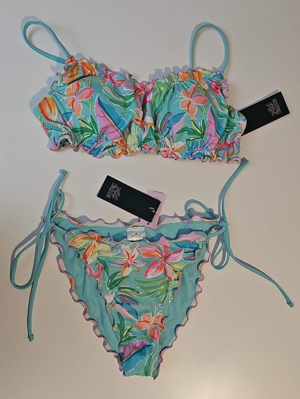Wild Fable Women's M Aqua Tropical Print with Purple Ruffle Side-Tie Bikini Set